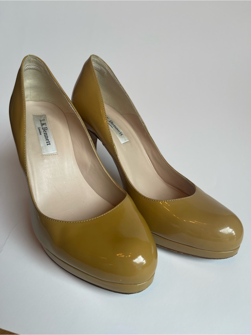 L.K. Bennett Patent Leather Platform Pumps Mustard/Tan EU 38 (US 7.5–8)